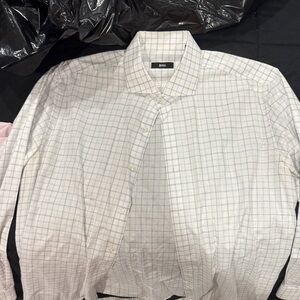 BOSS Men's White and Blue Grid Dress Shirt